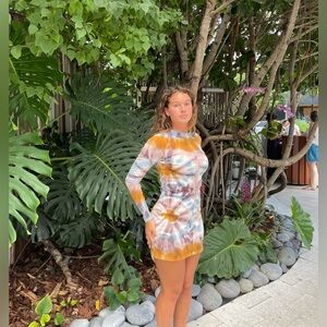 Tie-Dye Long Sleeve Mini Dress - Blue, Mustard & Taupe